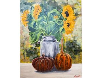 Girasoles en una lata vintage con calabazas. Naturaleza muerta floral. Obra de arte original de RinaArtSK.