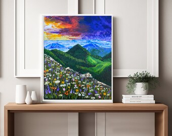 Original acrylic art mountain painting, handcrafted art landscape canvas, bright colors art sunset art, acrylic painting idea for present.