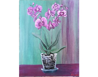Orchid  Flower Still Life Original Framed Art Unique Wall Decor By RinaArtSK