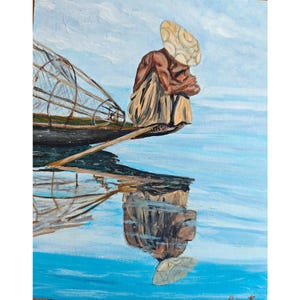 Asian Fisherman River Landscape Original Art Figurative Painting By RinaArtSK