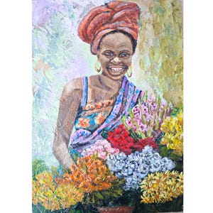 Retrato de mulher africana vendedora de flores, arte de parede original por RinaArtSK