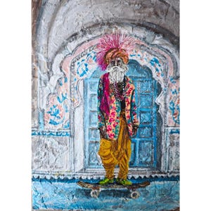 Hombre indio en patineta, arte mural original, pintura figurativa, obra de RinaArtSK