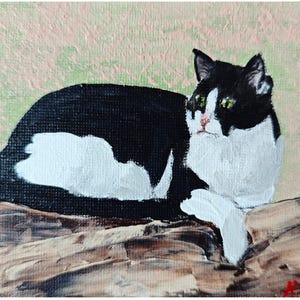Art mural encadré original de chat noir et blanc peint à la main par RinaArtSK
