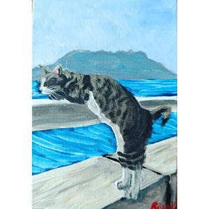 Paysage marin de chat gris, peinture animalière encadrée originale par RinaArtSK