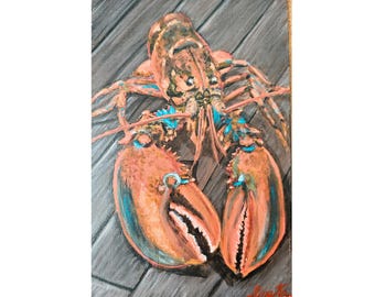 Lobster On a Wooden Table Modern Kitchen Art Realistic Original Painting By RinaArtSK