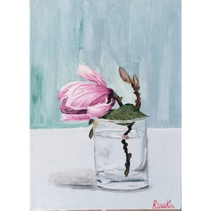 Magnolien Blumen Stillleben Original gerahmte Kunst handgemalt von RinaArtSK