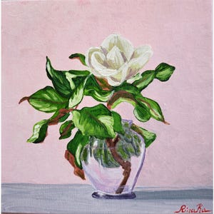 Magnolia Branch Flowers Painting Original Wall Art Hand Painted Artwork By RinaArtSK