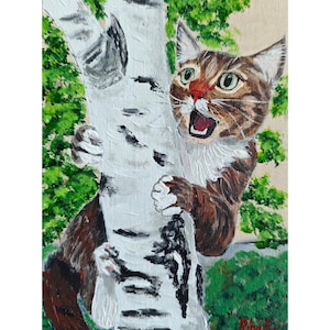 Chat effrayé dans un arbre, oeuvre d'art originale de peinture animalière par RinaArtSK
