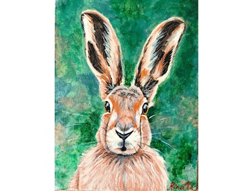 Hare Portrait Original Acrylic Painting Vibrant Green Background Animal Wall Art By RinaArtSK