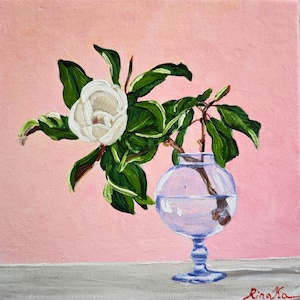 Magnolia In A Vase Flowers Painting Original Wall Art Hand Painted By RinaArtSK