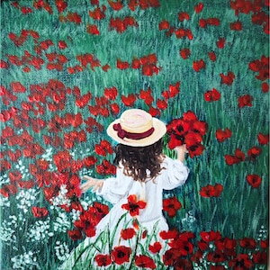 Girl With Poppies Flowers Landscape Original Art Unique Wall Decor Artwork By RinaArtSK