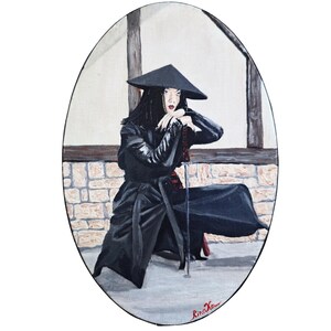 Asian Woman With Sword Original Wall Art Figurative Painting Oval Format By RinaArtSK