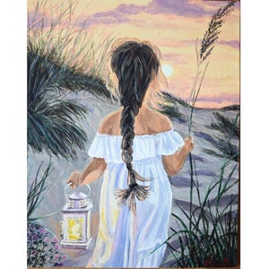 Girl With A Lantern On The Seashore Original Art Figurative Painting By RinaArtSK