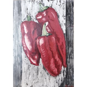 Piments rouges nature morte encadrée peinture originale de cuisine par RinaArtSK