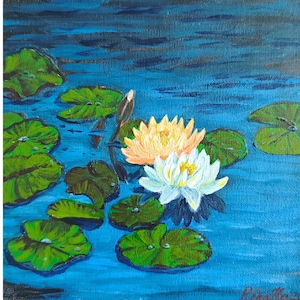 Pintura original de flores de nenúfares amarelos e brancos por RinaArtSK