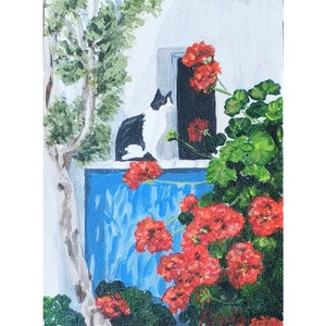 Peinture animalière originale encadrée représentant un chat et des fleurs par RinaArtSK
