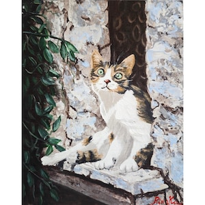 Gray Cat On The Window Animal Painting Original Wall Art Scene Hand Painted By RinaArtSK