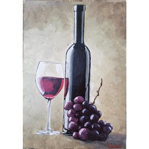 Bottle Of Red Wine Still Life Original Framed Art Kitchen Painting By RinaArtSK