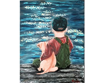 Boy & Dog  Original Painting On Canvas Pet Friendship Portrait By RinaArtSK