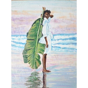 African Girl At Sea Figurative Painting Original Handmade Wall Art By RinaArtSK