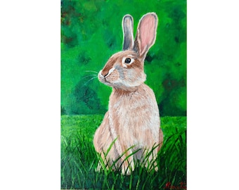 Realistic Bunny Portrait on Emerald Green Background Original Animal Painting By RinaArtSK