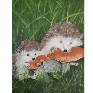 Hedgehogs With Mushrooms Original Nature Art Unique Wall Decor By RinaArtSK