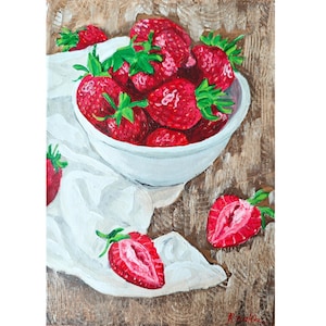 Strawberries Food Painting Original Framed Wall Art Kitchen Still Life By RinaArtSK