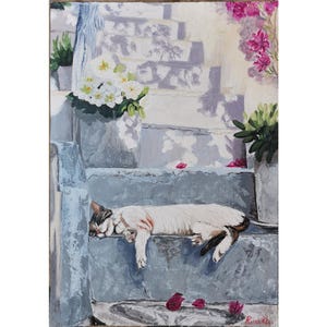 Sleeping Cat Original Framed Wall Art Scene Painting By RinaArtSK