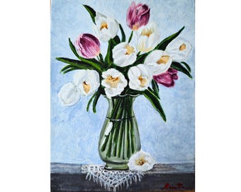 Tulips in Vase Spring Floral Still Life Original Art White Pink Tulip By RinaArtSK