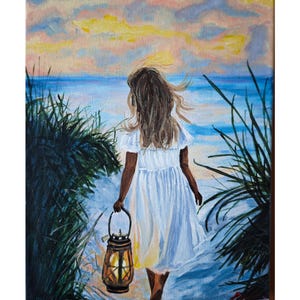 Girl With The Lantern On The Beach Evening Landscape Original Painting On Canvas By RinaArtSK