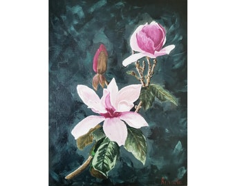 Fleur de magnolia fleurs originales peinture oeuvre d'art fait main par RinaArtSK