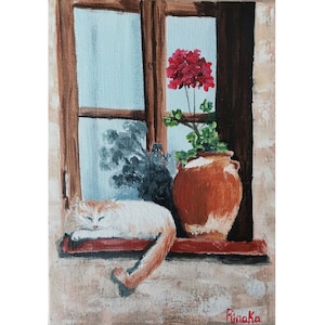 Art original de chat endormi, décoration murale unique, peinture animalière par RinaArtSK