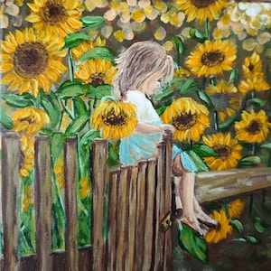 Girl With Sunflowers  Flowers Landscape Original Art Child Painting By RinaArtSK