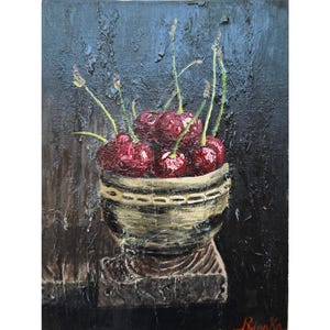 Cherries In A Bowl Fruit Painting Kitchen Still Life Original Art Hand Painted By RinaArtSK