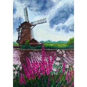 Paisaje de flores con molino en un prado florido. Arte original, decoración de pared única de RinaArtSK.