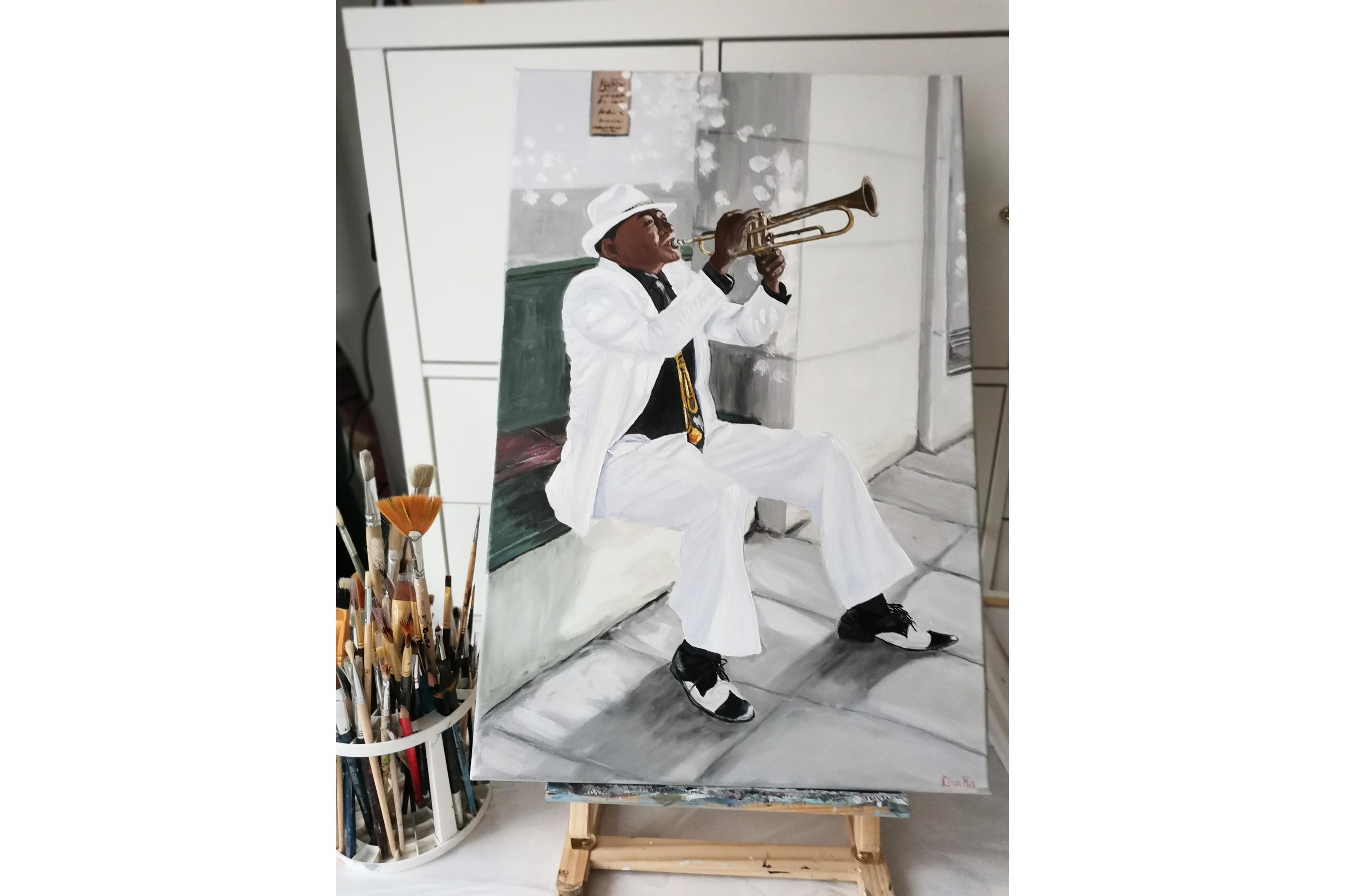 トランペット奏者 オリジナルアート 具象画 キャンバスに手描き