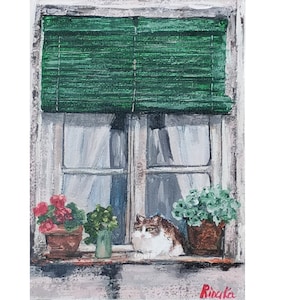 Scène de chat originale encadrée art mural peinture à la main décoration d'intérieur cadeau par RinaArtSK