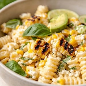 May include: A close-up shot of a bowl filled with pasta, corn, avocado, and basil. The pasta is a light cream color, and the corn has grill marks. Slices of lime and avocado are visible. The bowl is a light gray color.