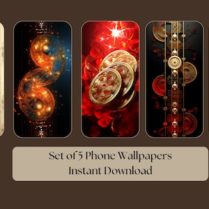 Set of 5 Phone Wallpapers Feng Shui Money Symbols Collage Art Graphs Digital Wallpaper Colorful Digital Artwork Digital Unique Design