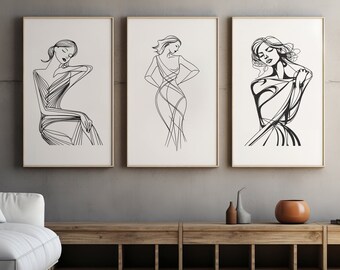 Minimalist Line Art Triptych: Feminine Figure Prints (Digital Download)