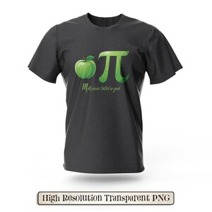 May include: A dark grey t-shirt with a green apple and the mathematical symbol pi. The text "Math never tasted so good" is printed on the shirt.