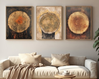 Set of 3 Abstract Neutral Art Print Tree Ring Digital Printable Wall ...