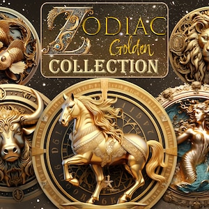 Zodiac Signs Clipart Horoscope PNG, Golden 3D zodiac art collection, Clip Art Bundle Astrological Elements, Fantasy Horoscope sublimation