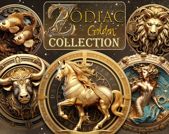 Zodiac Signs Clipart Horoscope PNG, Golden 3D zodiac art collection, Clip Art Bundle Astrological Elements, Fantasy Horoscope sublimation