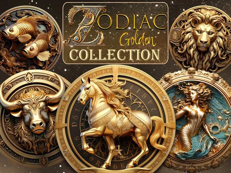 Zodiac Signs Clipart Horoscope PNG, Golden 3D zodiac art collection, Clip Art Bundle Astrological Elements, Fantasy Horoscope sublimation, Clip Art Bundle for Magic & Astrology, Transparent PNG,