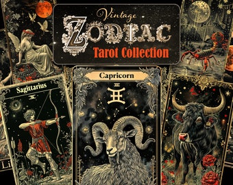 Op de afbeelding: Vintage Zodiac Tarot Collection met twaalf kaarten met illustraties van elk sterrenbeeld. De kaarten zijn zwart met gouden accenten en hebben een sterrenhemel als achtergrond. De kaarten zijn in een raster gerangschikt met de titel "Vintage Zodiac Tarot Collection" bovenaan.