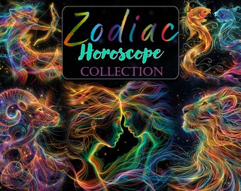 Neon Zodiac Sign Clipart: Fantasy Horoscope PNG (Digital Download