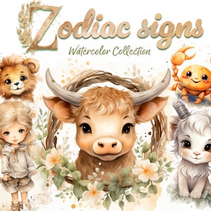 Clipart bébé du zodiaque, aquarelle de signes du zodiaque Png, horoscope enfants mignons, zodiaque horoscope art mural pour chambre d'enfant, décoration de chambre d'enfant, signe de naissance de bébé png
