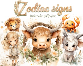 May include: Watercolor illustrations of zodiac signs, including a lion, a bull, a crab, and a goat. The illustrations are surrounded by flowers and greenery.