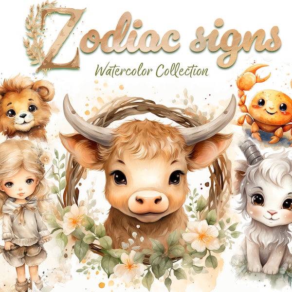 Zodiac baby clipart, Zodiac Signs watercolor Png, Cute kids horoscope, Zodiac horoscope Nursery Wall Art, Nursery Decor, Baby Birth Sign png